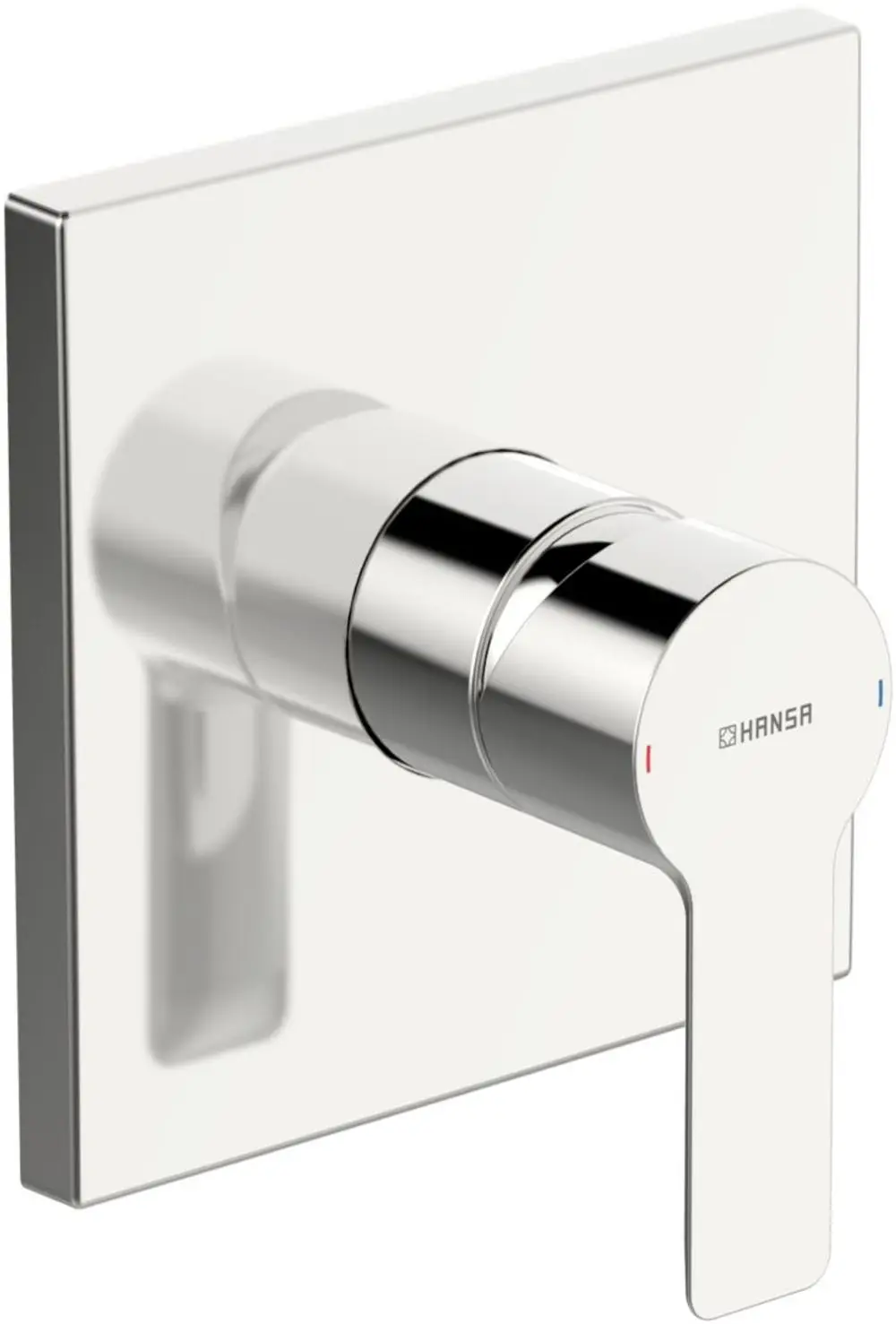 Ein Einhebelmischer für eine Brausebatterie in Chrom-Optik mit einer eckigen Rosette. Hersteller ist Hansa.